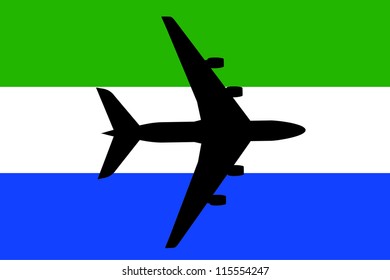 Vector Illustration of a passenger plane flying over the flag of Sierra Leone