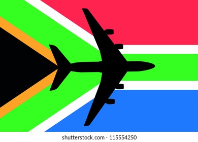 Vector Illustration of a passenger plane flying over the flag of South Africa