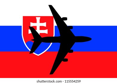 Vector Illustration of a passenger plane flying over the flag of Slovakia