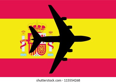 Vector Illustration of a passenger plane flying over the flag of Spain