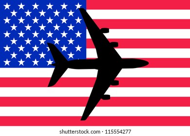 Vector Illustration of a passenger plane flying over the flag of United States of America