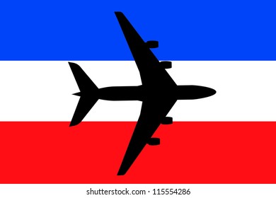 Vector Illustration of a passenger plane flying over the flag of Yugoslavia
