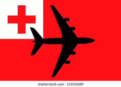 Vector Illustration of a passenger plane flying over the flag of Tonga
