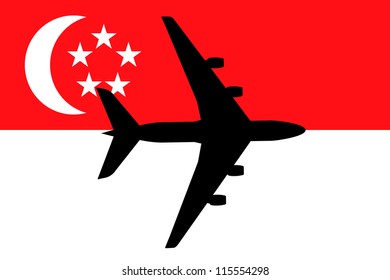 Vector Illustration of a passenger plane flying over the flag of Singapore