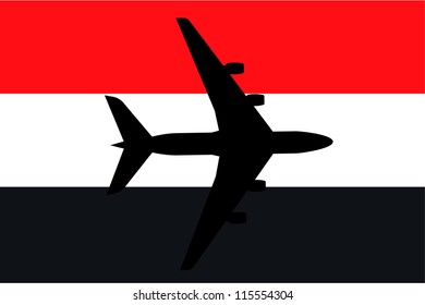 Vector Illustration of a passenger plane flying over the flag of Yemen