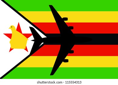Vector Illustration of a passenger plane flying over the flag of Zimbabwe
