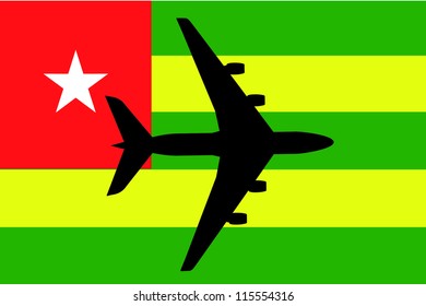 Vector Illustration of a passenger plane flying over the flag of Togo
