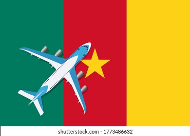 Vector Illustration of a passenger plane flying over the flag of Cameroon. Concept of tourism and travel