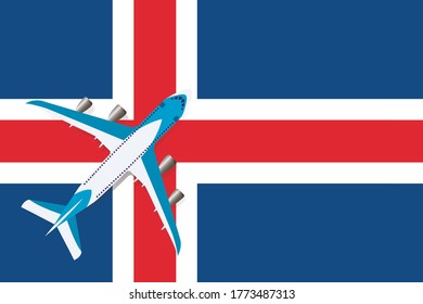 Vector Illustration of a passenger plane flying over the flag of Iceland. Concept of tourism and travel