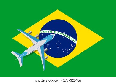 Vector Illustration of a passenger plane flying over the flag of Brazil. Concept of tourism and travel