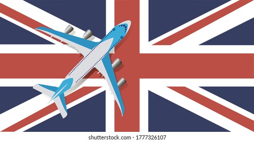 Vector Illustration of a passenger plane flying over the flag of great Britain. Concept of tourism and travel