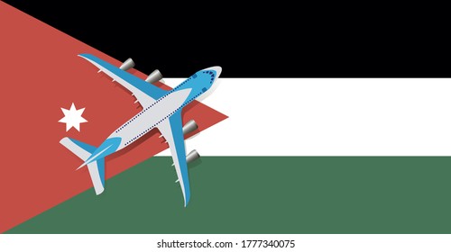 Vector Illustration of a passenger plane flying over the flag of Jordan. Concept of tourism and travel