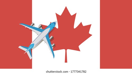 Vector Illustration of a passenger plane flying over the flag of Canada. Concept of tourism and travel