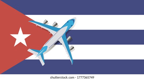 Vector Illustration of a passenger plane flying over the flag of Cuba. Concept of tourism and travel