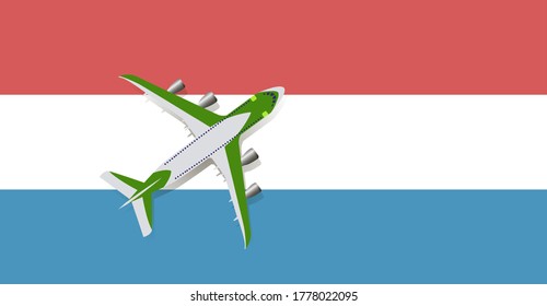 Vector Illustration of a passenger plane flying over the flag of Luxembourg. Concept of tourism and travel