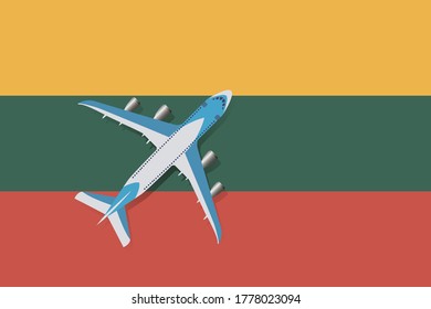 Ilustración vectorial de un avión de pasajeros que sobrevuela el pabellón de Lituania. Concepto de turismo y viajes