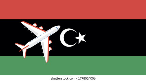 Vector Illustration of a passenger plane flying over the flag of Libya. Concept of tourism and travel