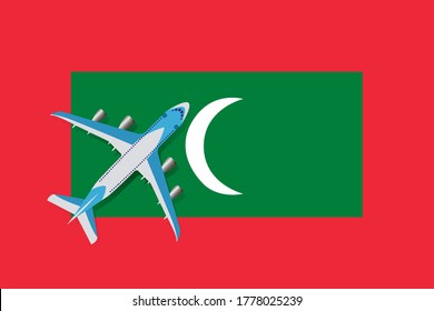 Vector Illustration of a passenger plane flying over the flag of Maldives tourism and travel Concept