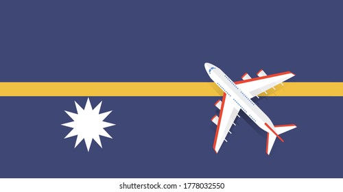 Vektorgrafik eines Passagierflugzeugs, das über die Flagge von Nauru fliegt. Konzept des Tourismus und des Reisens