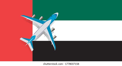 Vector Illustration of a passenger plane flying over the flag of the United Arab Emirates. Concept of tourism and travel