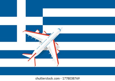 Ilustración vectorial de un avión de pasajeros que sobrevuela la bandera de Grecia. Concepto de turismo y viajes