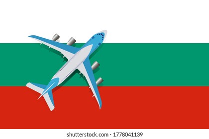 Vector Illustration of a passenger plane flying over the flag of Bulgaria. Concept of tourism and travel