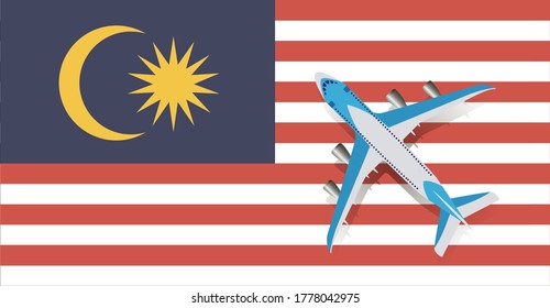 Vector Illustration of a passenger plane flying over the flag of Malaysia. Concept of tourism and travel