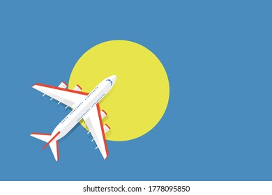 Ilustración vectorial de un avión de pasajeros que sobrevuela la bandera de Palau. Concepto de turismo y viajes
