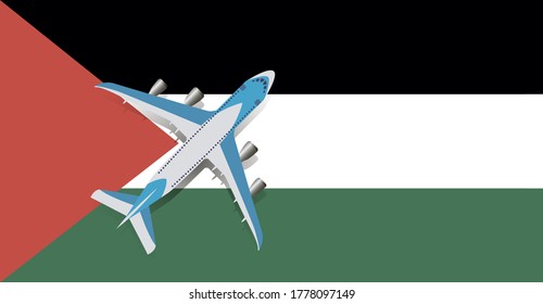 Ilustración vectorial de un avión de pasajeros que vuela sobre la bandera de Palestina. Concepto de turismo y viajes