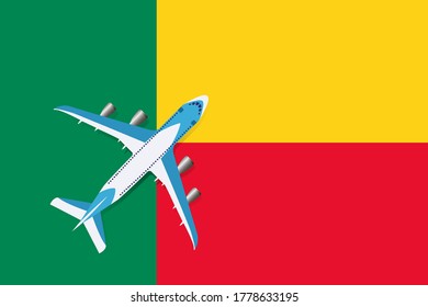 Vektorgrafik eines Passagierflugzeugs, das die Flagge Benins überfliegt. Konzept des Tourismus und des Reisens