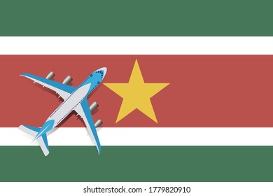 Vector Illustration of a passenger plane flying over the flag of Suriname. Concept of tourism and travel