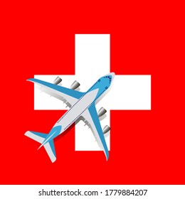 Vector Illustration of a passenger plane flying over the Swiss flag. Concept of tourism and travel