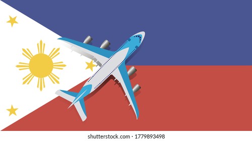 Vector Illustration of a passenger plane flying over the flag of the Philippines. Concept of tourism and travel