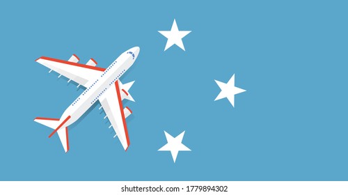 Vector Illustration of a passenger plane flying over the flag of the federated States of Micronesia. Concept of tourism and travel
