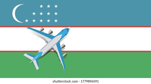 Ilustración vectorial de un avión de pasajeros que sobrevuela la bandera de Uzbekistán. Concepto de turismo y viajes
