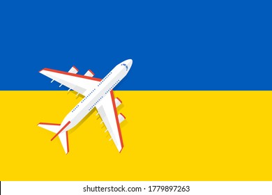 Vector Illustration of a passenger plane flying over the flag of Ukraine. Concept of tourism and travel