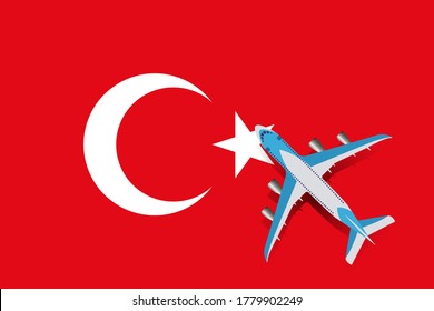 Vector Illustration of a passenger plane flying over the flag of Turkey. Concept of tourism and travel