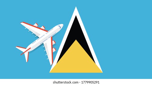 Ilustración vectorial de un avión de pasajeros que sobrevuela la bandera de Santa Lucía. Concepto de turismo y viajes