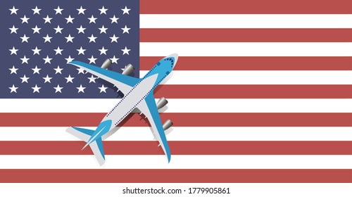 Vector Illustration of a passenger plane flying over the flag of the United States of America. Concept of tourism and travel