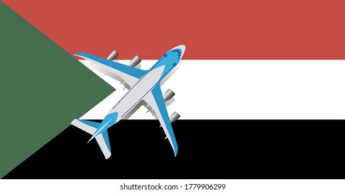 Ilustración vectorial de un avión de pasajeros que sobrevuela la bandera de Sudán. Concepto de turismo y viajes