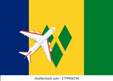 Vector Illustration of a passenger plane flying over the flag of Saint Vincent and the Grenadines. Concept of tourism and travel