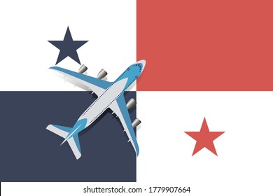 Vector Illustration of a passenger plane flying over the flag of Panama. Concept of tourism and travel
