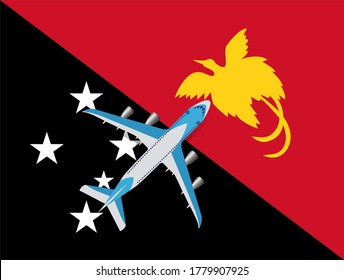 Vector Illustration of a passenger plane flying over the flag of Papua. Concept of tourism and travel