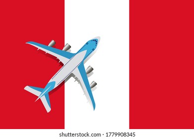 Vector Illustration of a passenger plane flying over the flag of Peru. Concept of tourism and travel