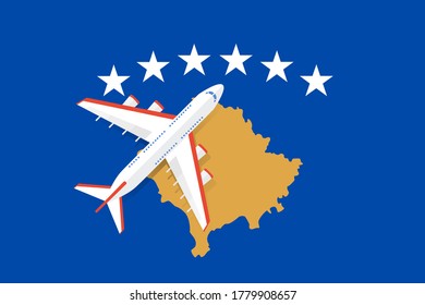 Ilustración vectorial de un avión de pasajeros que sobrevuela el pabellón de la República de Kosovo. Concepto de turismo y viajes