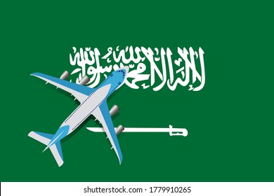 Vector Illustration of a passenger plane flying over the flag of Saudi Arabia. Concept of tourism and travel
