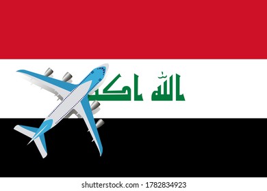 Vektorgrafik eines Passagierflugzeugs, das über die Flagge Iraks fliegt. Konzept des Tourismus und des Reisens