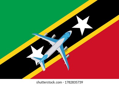 Vector Illustration of a passenger plane flying over the flag of Saint Kitts and Nevis. Concept of tourism and travel