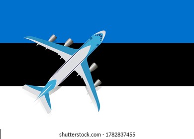 Vector Illustration of a passenger plane flying over the flag of Estonia. Concept of tourism and travel