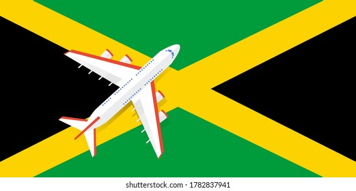 Vector Illustration of a passenger plane flying over the flag of Jamaica. Concept of tourism and travel